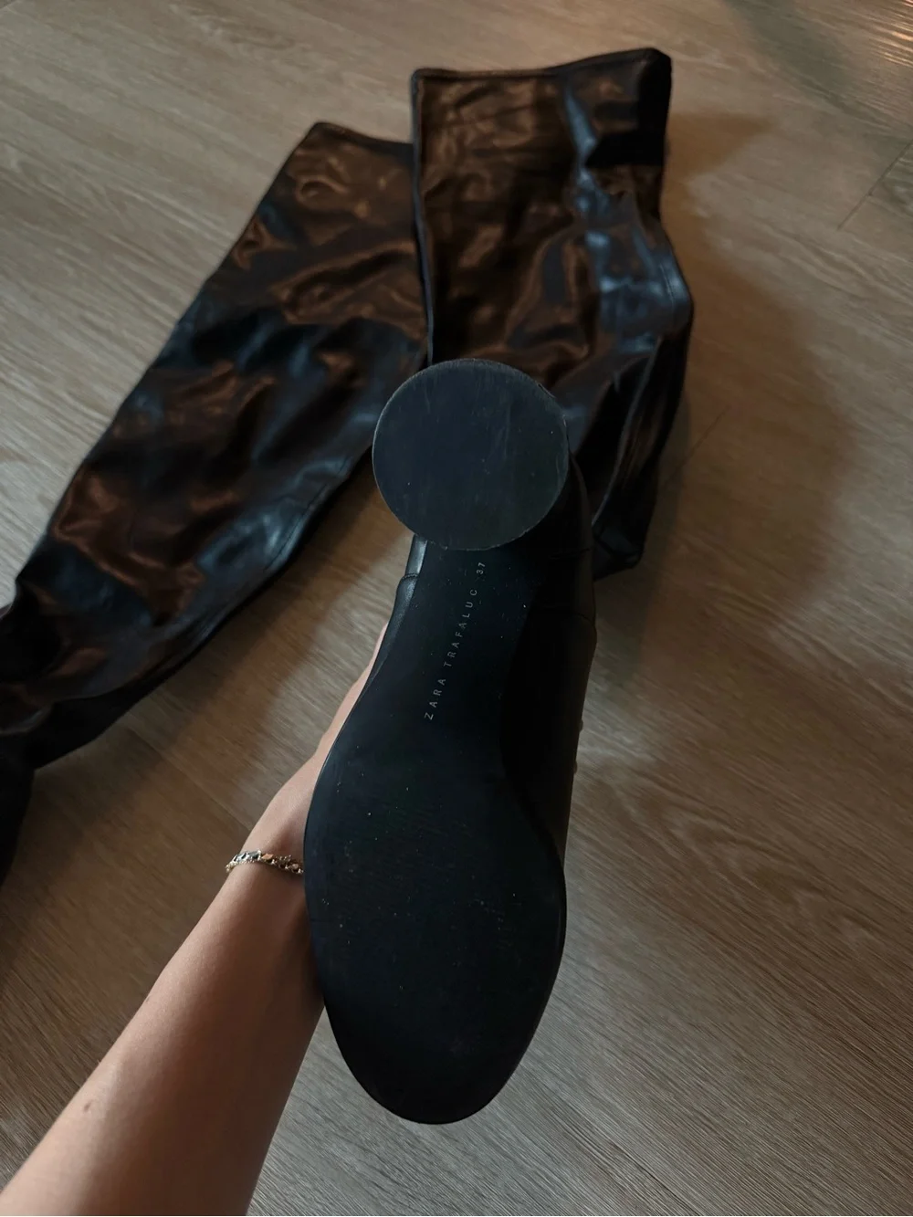 Zara Size US 7 Black Over-the-Knee Block Heel Boots